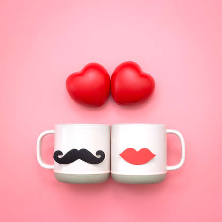 Ball heart shape and paper fake lips and mustaches decoration on pink cup over pink background. Valentine's day and wedding concept. Minimal style.の写真素材