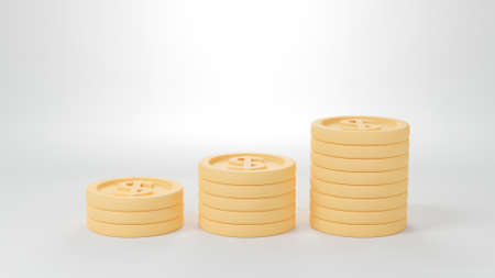3D Gold coins stack growth on white background. Financial and saving money concept. 3D render illustration.の写真素材