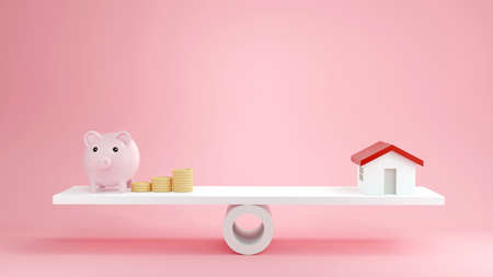 3D minimal piggy bank, coins stack and house on seesaw or weighing scales balance. Loan, financial and money saving concept. 3D render
illustrations.の写真素材