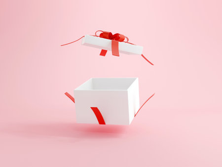 Open gift box with red ribbon over pink background. Happy birthday, Merry Christmas, New Year, Wedding or Valentine Day concept. 3D rendering illustrations.の写真素材