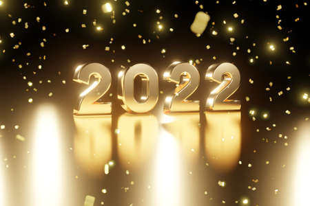 Happy New Year 2022 concept. A golden number 2022 and confetti on black background. 3D illustration rendering.の写真素材