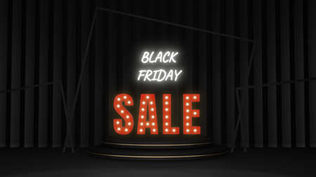 Black Friday Super Sale. Light bulb in red text lettering over podium in front of black background. Shopping concept. 3D illustration rendering.の写真素材