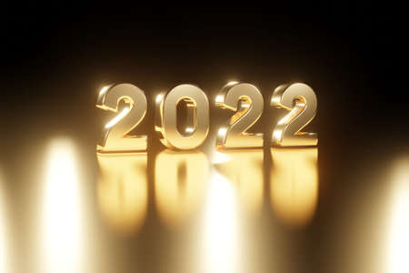 Happy New Year 2022 concept. A golden number 2022 on black background. 3D illustration rendering.の写真素材