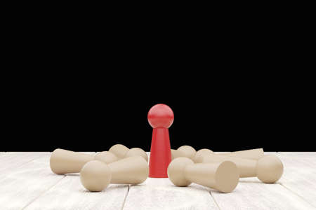 Wooden figure standing on the table black background with copy space. Concept of business leadership for leader team, successful competition winner and Leader with influence. 3D illustration renderingの写真素材