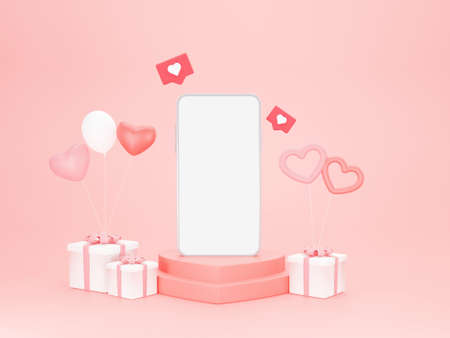 Valentines day. Mobile or smartphone on pedestal platform on a pink background for banner or card design in 3d renderingの写真素材