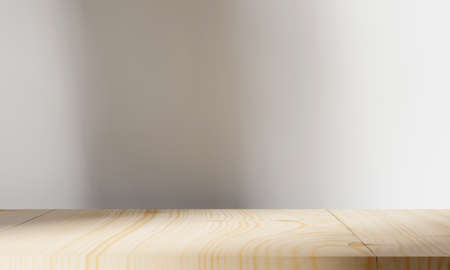 Empty minimal wooden table with shadow drop on white wall background for mockup product display. 3D illustration rendered.の写真素材