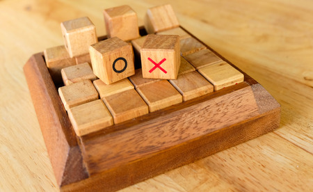 right or wrong with tic tac toe game on the wood tableの写真素材