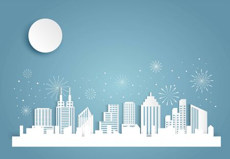 Christmas and happy new year blue vector background with cityscape and fireworks celebration concept, paper art designのイラスト素材