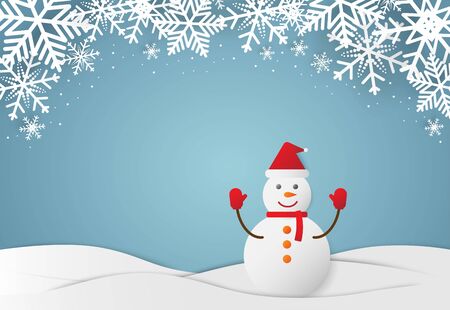 Christmas and happy new year blue vector background with snowman, celebration concept, paper art designのイラスト素材