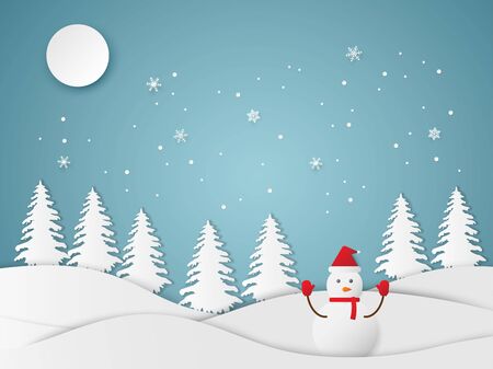 Christmas and happy new year blue vector background with snowman and moon, celebration concept, paper art designのイラスト素材
