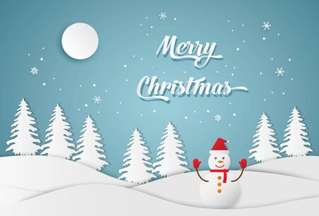 Christmas and happy new year blue vector background with snowman, celebration concept, paper art designのイラスト素材
