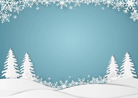 Christmas and happy new year blue vector background with snow, celebration concept, paper art designのイラスト素材