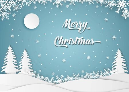 Christmas and happy new year blue vector background with snow, celebration concept, paper art designのイラスト素材