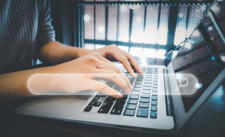 SEO Search engine optimization, Search technology, women's hands using a computer keyboard to search for information, using websites search bar to find the desired information or shopping online.の写真素材