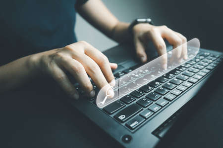 SEO Search engine optimization, Search technology, women's hands using a computer keyboard to search...