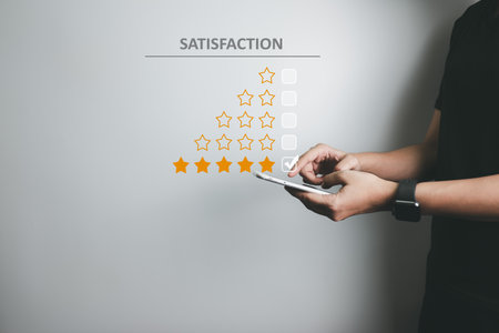 Satisfied customer experience concept, happy business customer using smartphone, the best review, High quality service, Most rated, the highest score, 5 stars, Social media very good.の写真素材