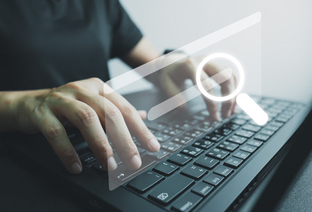 SEO Search engine optimization, Search technology, women's hands using a computer keyboard to search...