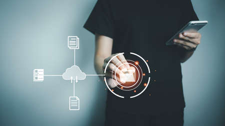 Document Management System (DMS), Online document database management, Organization document Organized, automated processes to manage files, ERP enterprise efficient, business technology.の写真素材