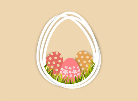 Easter eggs and grass in egg shape frameのイラスト素材