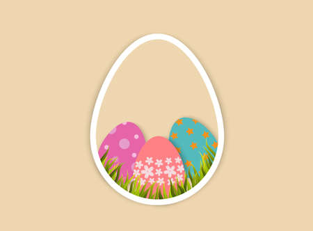 Easter eggs and grass in egg shape frameのイラスト素材