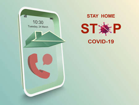 Stay home for stop COVID-19 virus by using application on smart phone, coronavirus concept vector 3D style designのイラスト素材