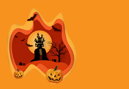 Halloween background vector with dark pumpkin, moon and bat silhouette style of sunset orange lightのイラスト素材