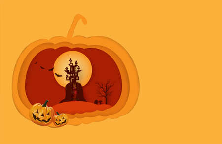 Halloween background vector with dark pumpkin, moon and bat silhouette style of sunset orange lightのイラスト素材