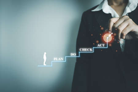 Businessman plan to achieve goals, Plan Do Check Act PDCA, review of operational procedure, evaluation of result, good organizational structure,  plan the steps to realize goal.の写真素材