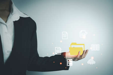 Document Management System (DMS), Online document database management, Organization document Organized, automated processes to manage files, ERP enterprise efficient, business technology.の写真素材