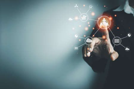 Concept global data connection with internet technology, user touch screen for online transactions by internet technology, big data, database management, cloud computing, cashless society.の写真素材
