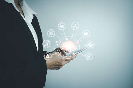 Concept global data connection with internet technology, user touch screen for online transactions by internet technology, big data, database management, cloud computing, cashless society.の写真素材