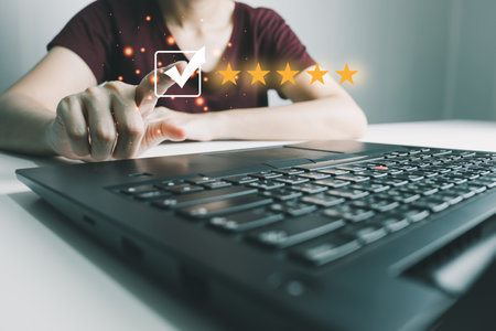 Customer satisfaction assessment rating 5 stars by notebook, User has received excellent service, Review the highest rated service, the best attention, impressed very good service, feedback from guestの写真素材