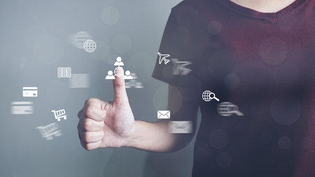 Person touching screen to fingerprint scanner, security access information, big data management concept, Internet of things, cloud computing, internet connection, shopping online and cashless society.の写真素材