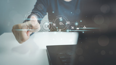 Person touching screen to fingerprint scanner, security access information, big data management concept, Internet of things, cloud computing, internet connection, shopping online and cashless society.の写真素材