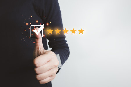Customer satisfaction assessment rating 5 stars online, User has received excellent service, Review the highest rated service, the best attention, impressed very good service, feedback from guestの写真素材