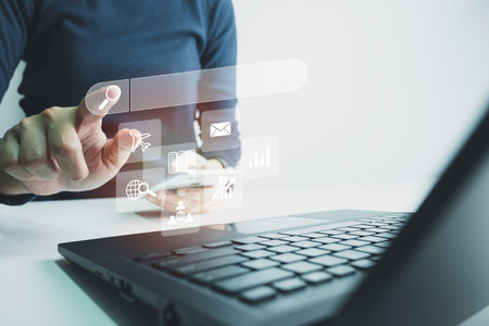 SEO Search engine optimization, Search technology, women's hands using a computer keyboard to search for information, using websites search bar to find the desired information or shopping online.の写真素材