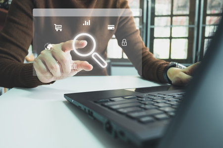 SEO Search engine optimization, Search technology, women's hands using a computer keyboard to search for information, using websites search bar to find the desired information or shopping online.の写真素材