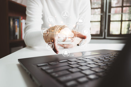 Concept global data connection with internet technology, user acess internet by smartphone and laptop, big data, database management, cloud computing, cashless society.の写真素材