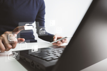 Document Management System DMS, Online document database management, Organization document Organized, automated processes to manage files, ERP enterprise efficient, business technology.の写真素材