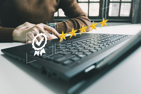 Businesswoman showing the symbol of top service 5 star quality assurance, excellent warranty, world...
