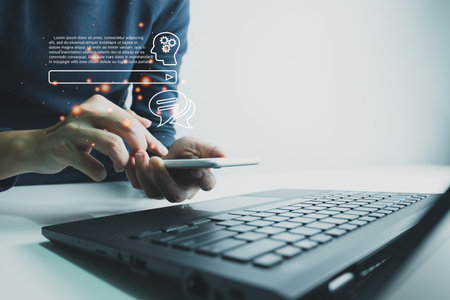 AI technology, Artificial Intelligence, Chatbot Chat and talk with AI, Using for search and find data by command prompt, robot learning machine create or generate picture or article autoの写真素材