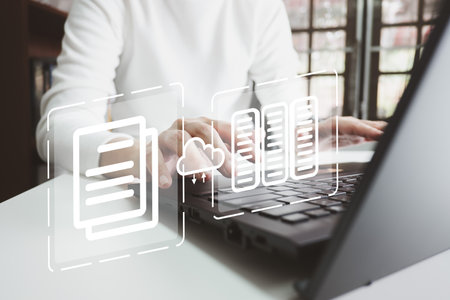Document Management System DMS, Online document database management, Organization document Organized, automated processes to manage files, ERP enterprise efficient, business technology.の写真素材