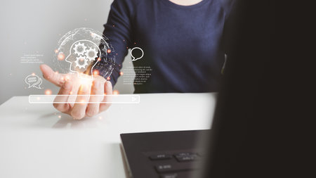 AI technology, Artificial Intelligence, Chatbot Chat and talk with AI, Using laptop for search and find data by command prompt, robot learning machine create or generate picture or article autoの写真素材