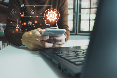 AI technology, Artificial Intelligence, Chatbot Chat and talk with AI, Using laptop for search and find data by command prompt, robot learning machine create or generate picture or article autoの写真素材
