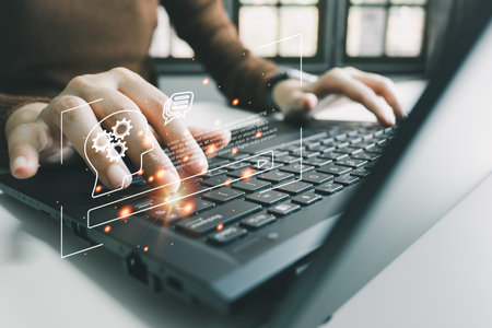 AI technology, Artificial Intelligence, Chatbot Chat and talk with AI, Using laptop for search and find data by command prompt, robot learning machine create or generate picture or article autoの写真素材