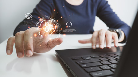 AI technology, Artificial Intelligence, Chatbot Chat and talk with AI, Using laptop for search and find data by command prompt, robot learning machine create or generate picture or article autoの写真素材