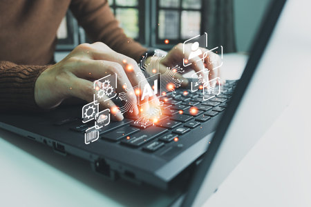 AI technology, Artificial Intelligence, Chatbot Chat and talk with AI, Using laptop for search and find data by command prompt, robot learning machine create or generate picture or article autoの写真素材