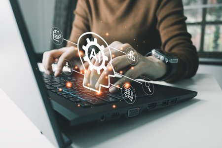 AI technology, Artificial Intelligence, Chatbot Chat and talk with AI, Using laptop for search and find data by command prompt, robot learning machine create or generate picture or article autoの写真素材