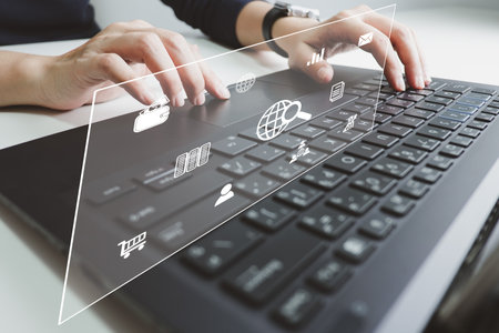 SEO Search engine optimization, Search technology, women's hands using a computer keyboard to search for information, using websites search bar to find the desired information or shopping online.の写真素材