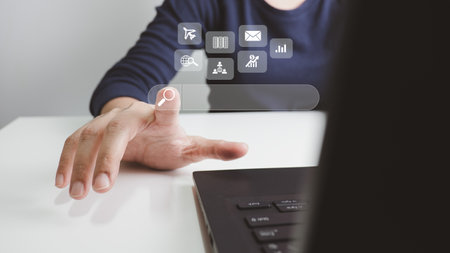 SEO Search engine optimization, Search technology, women's hands using a computer keyboard to search for information, using websites search bar to find the desired information or shopping online.の写真素材